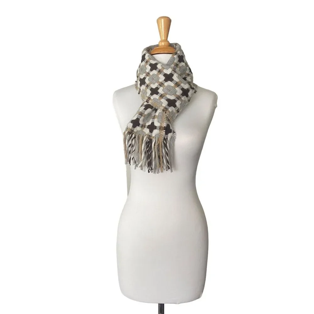 Women's Scarf Shawl Wrap 30% Wool Made in Italy Woven Brown Grey Fringe 68 x 10